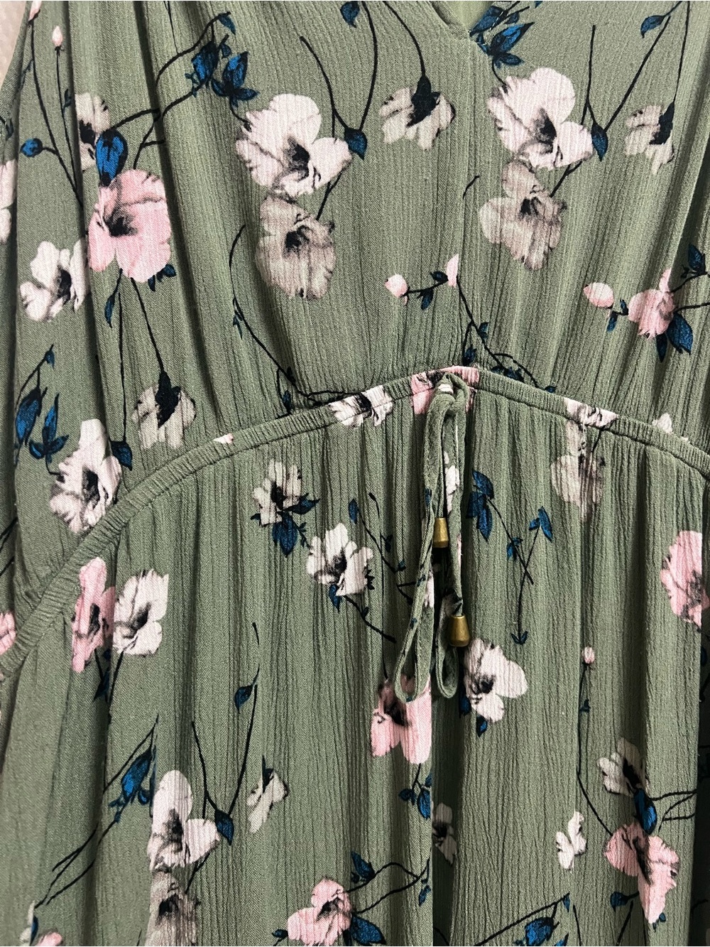 Olive Green Floral Sleeveless V-Neck Dress with pockets - Picture 5 of 8